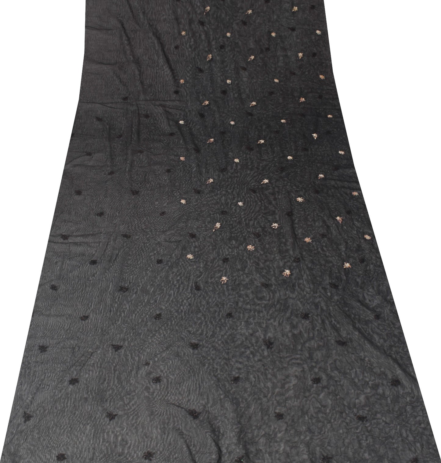 Sushila Vintage Black Net Sari Remnant Scrap Zari Embroidery Floral Craft Fabric