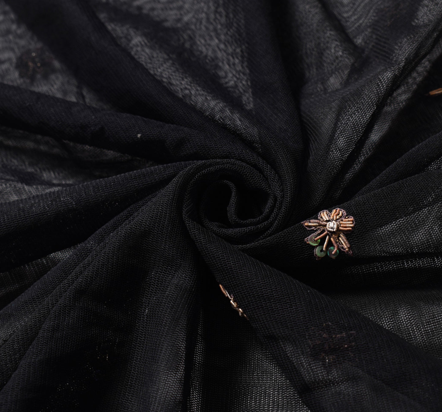 Sushila Vintage Black Net Sari Remnant Scrap Zari Embroidery Floral Craft Fabric