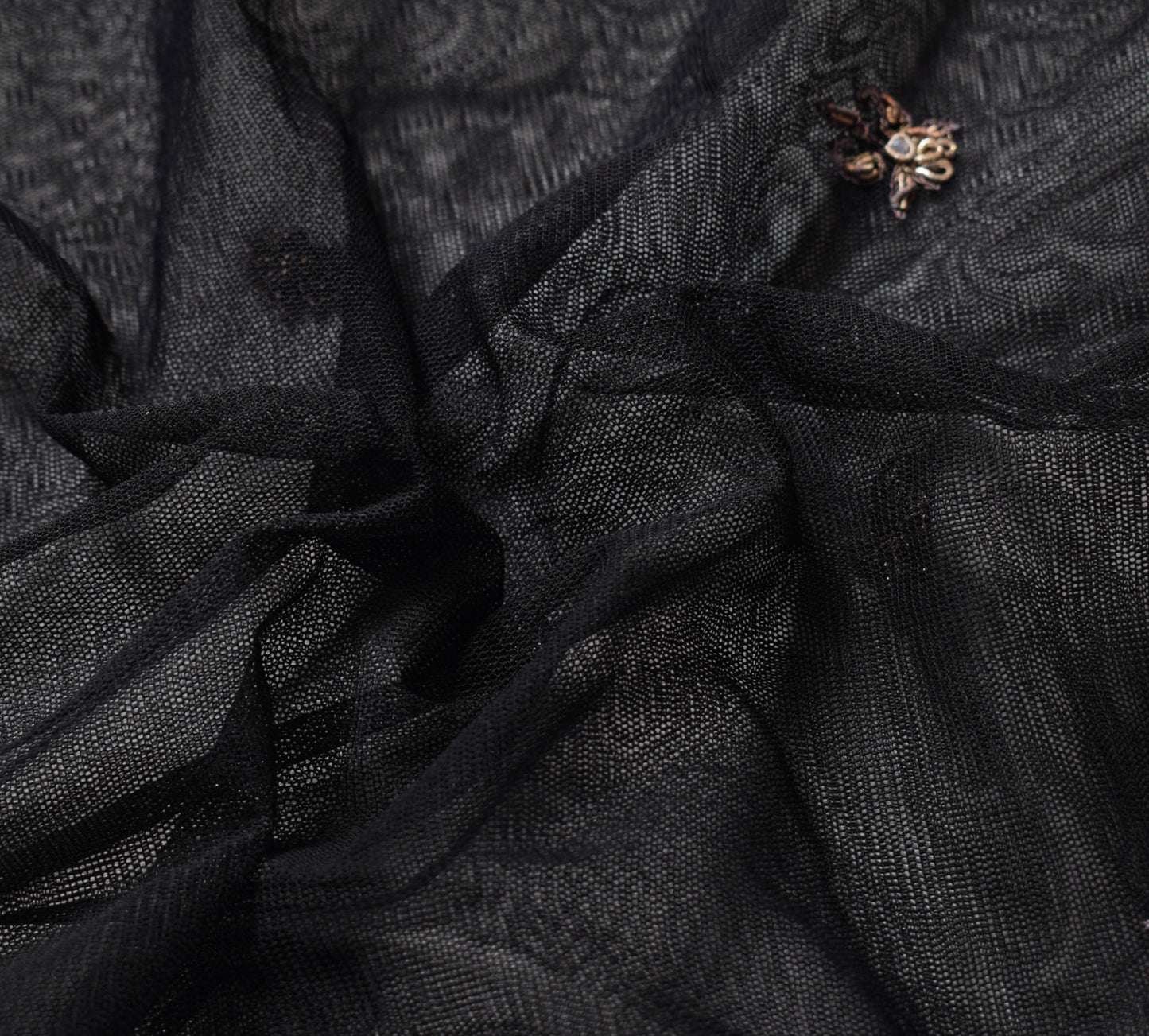 Sushila Vintage Black Net Sari Remnant Scrap Zari Embroidery Floral Craft Fabric