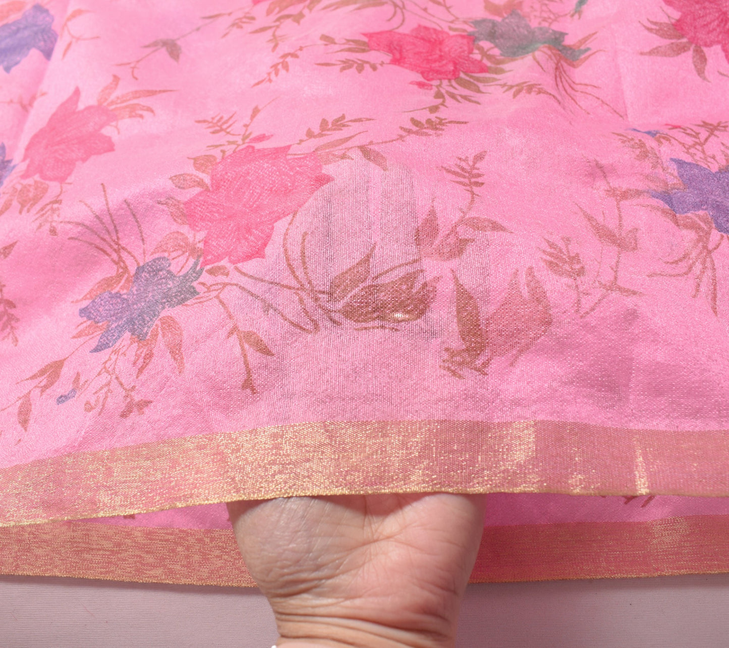 Sushila Vintage Pink Sari Remnant Scrap Floral Printed Art Cotton Craft Fabric