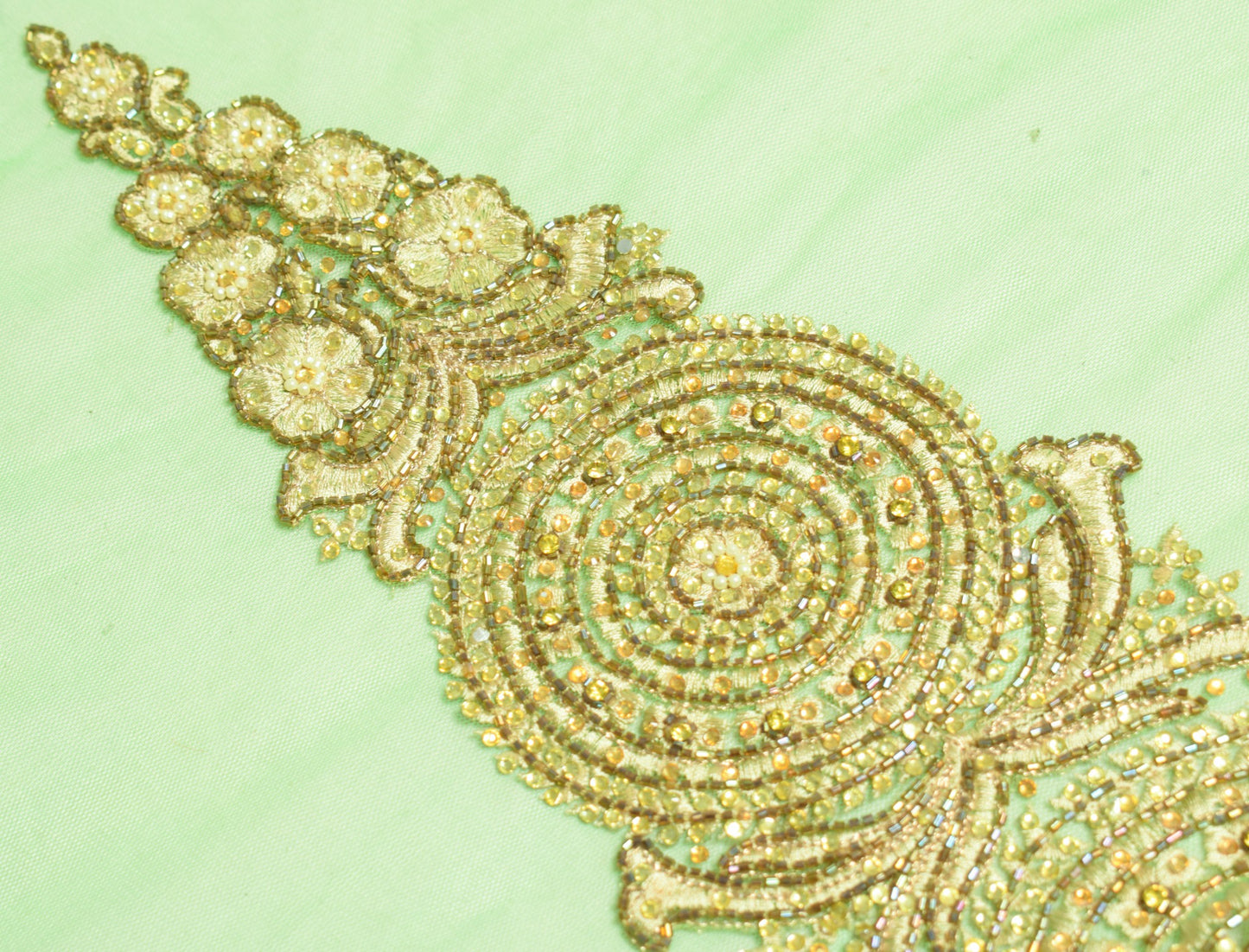 Sushila Vintage Green Net Sari Remnant Scrap Glass Beads Embellish Craft Fabric