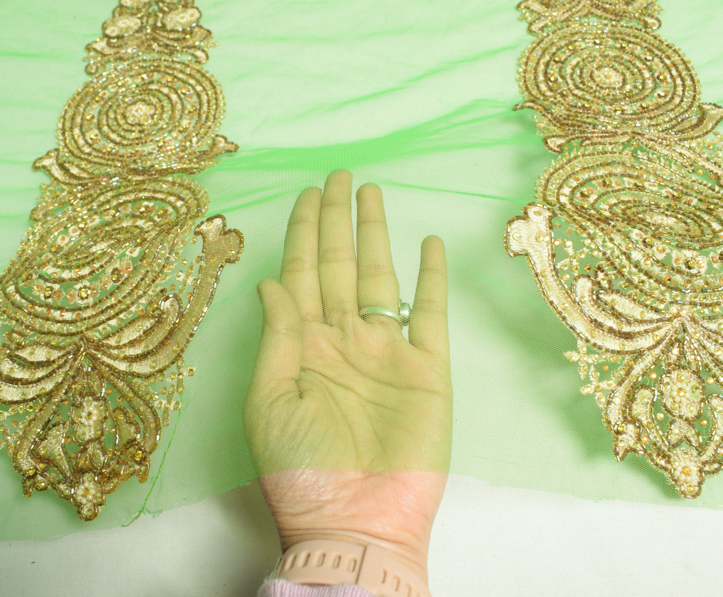 Sushila Vintage Green Net Sari Remnant Scrap Glass Beads Embellish Craft Fabric