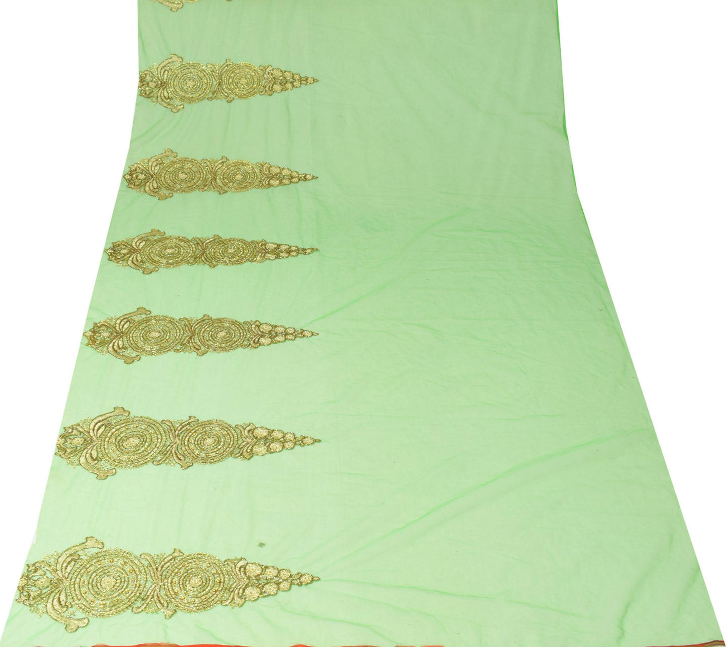 Sushila Vintage Green Net Sari Remnant Scrap Glass Beads Embellish Craft Fabric