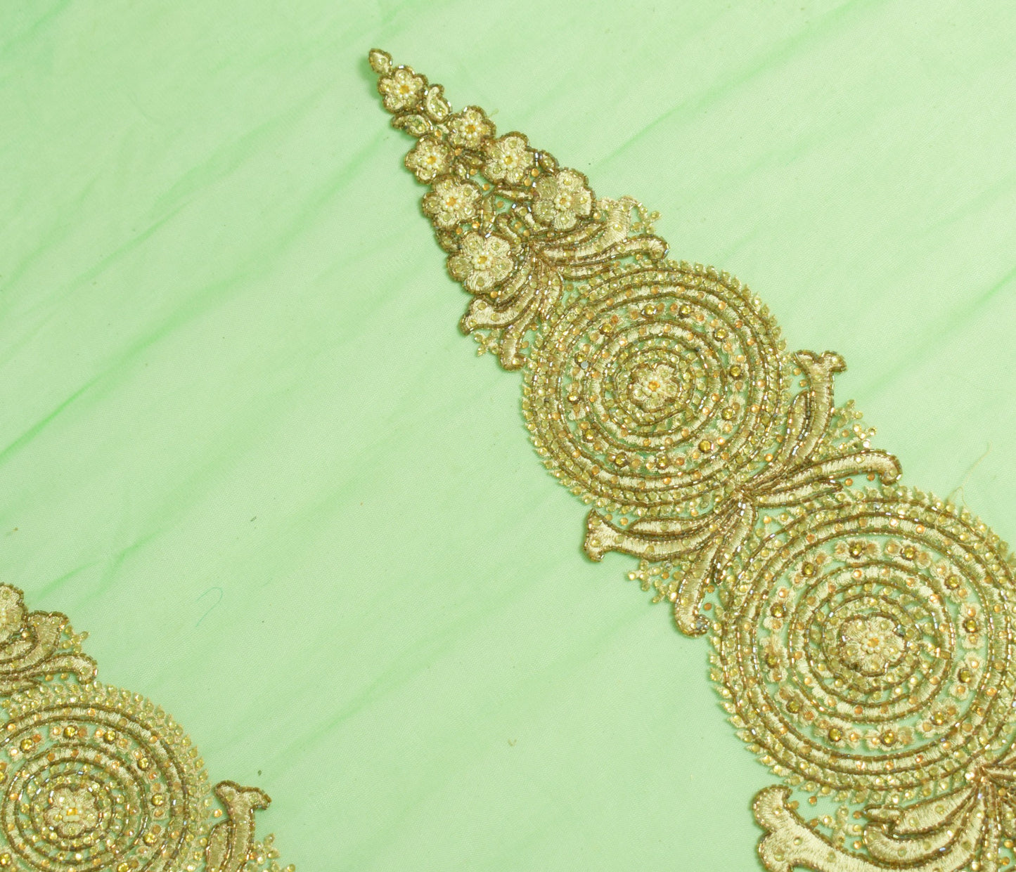 Sushila Vintage Green Net Sari Remnant Scrap Glass Beads Embellish Craft Fabric