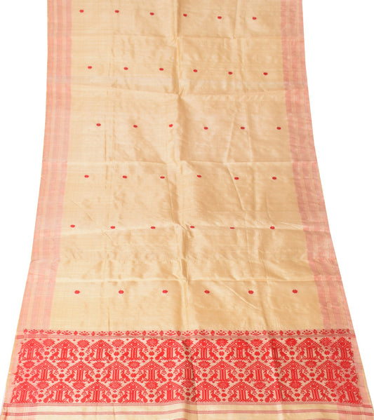 Sushila Vintage Assamese Muga Silk Sari Remnant Scrap Beige Woven Craft Fabric