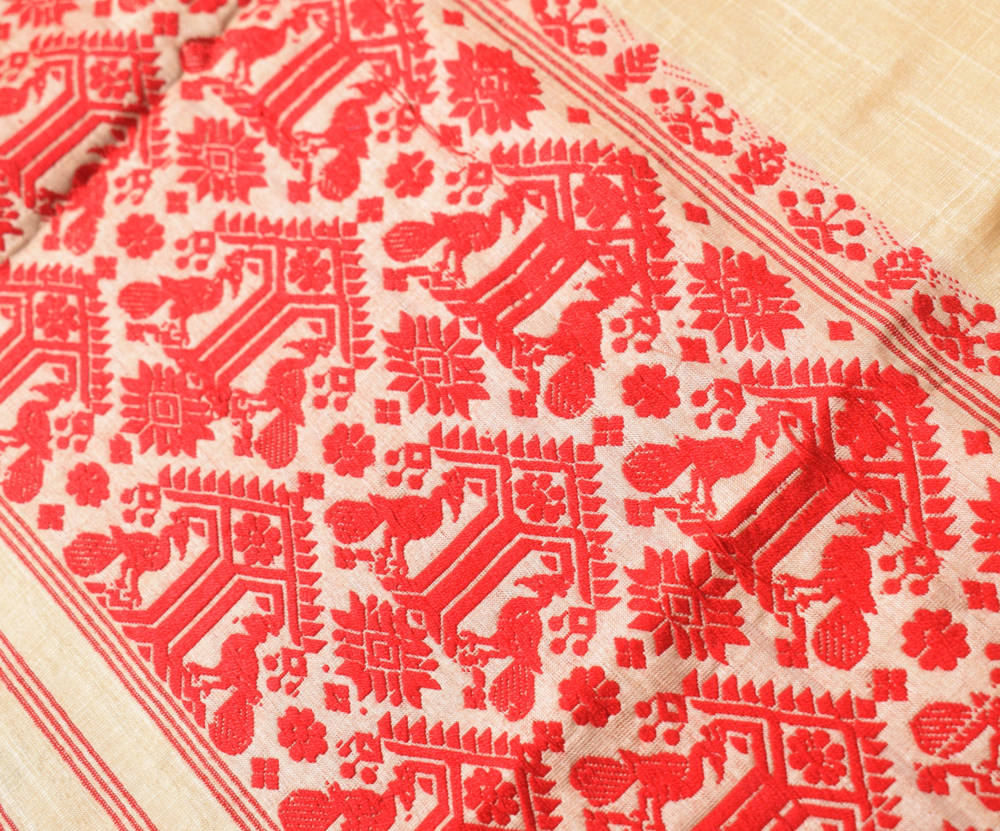 Sushila Vintage Assamese Muga Silk Sari Remnant Scrap Beige Woven Craft Fabric