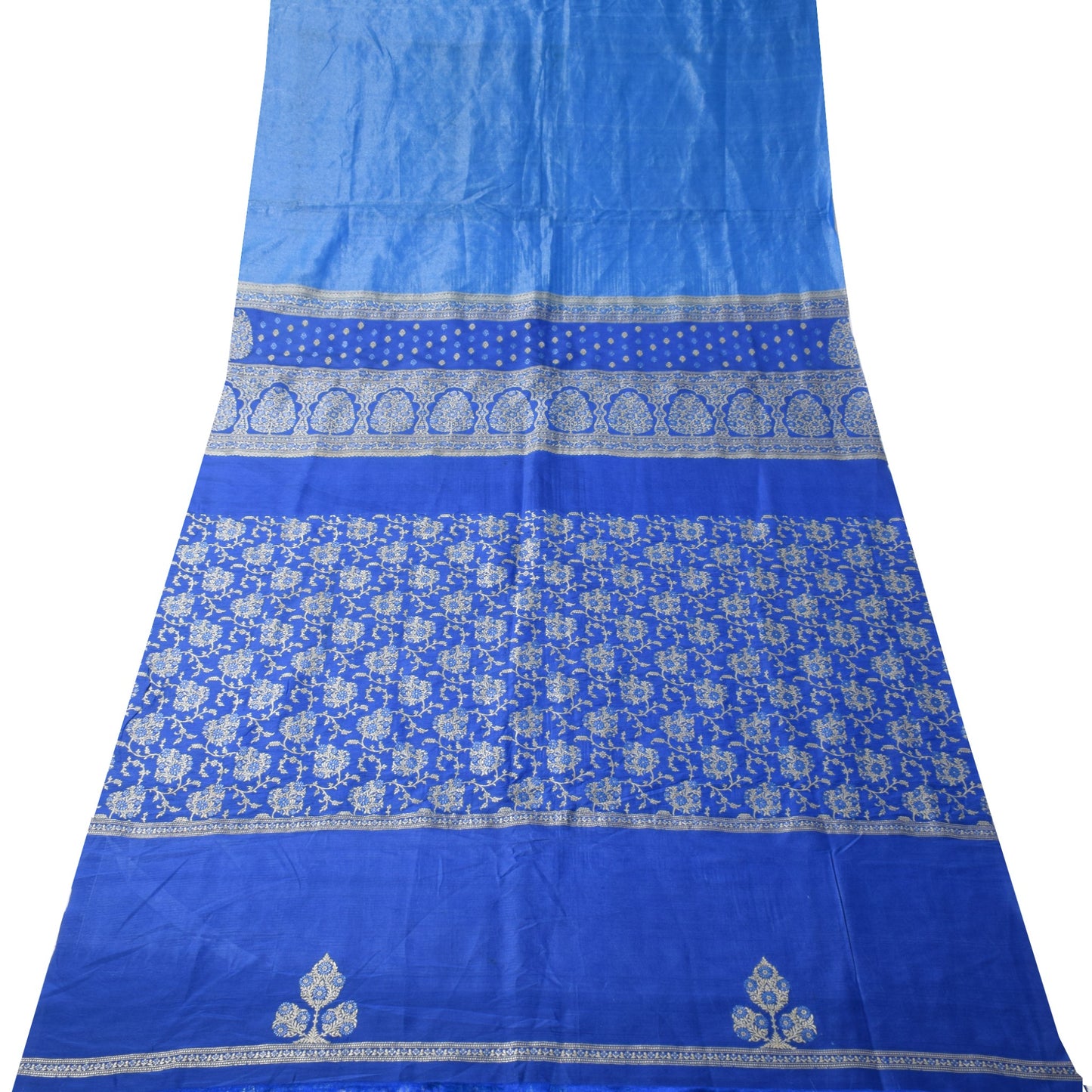 Sushila Vintage Banarasi Brocade Sari Remnant Scrap Blue 228" Silk Craft Fabric