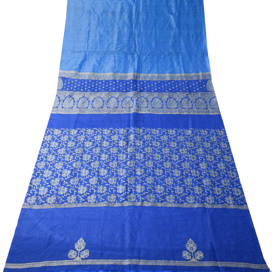 Sushila Vintage Banarasi Brocade Sari Remnant Scrap Blue 228" Silk Craft Fabric