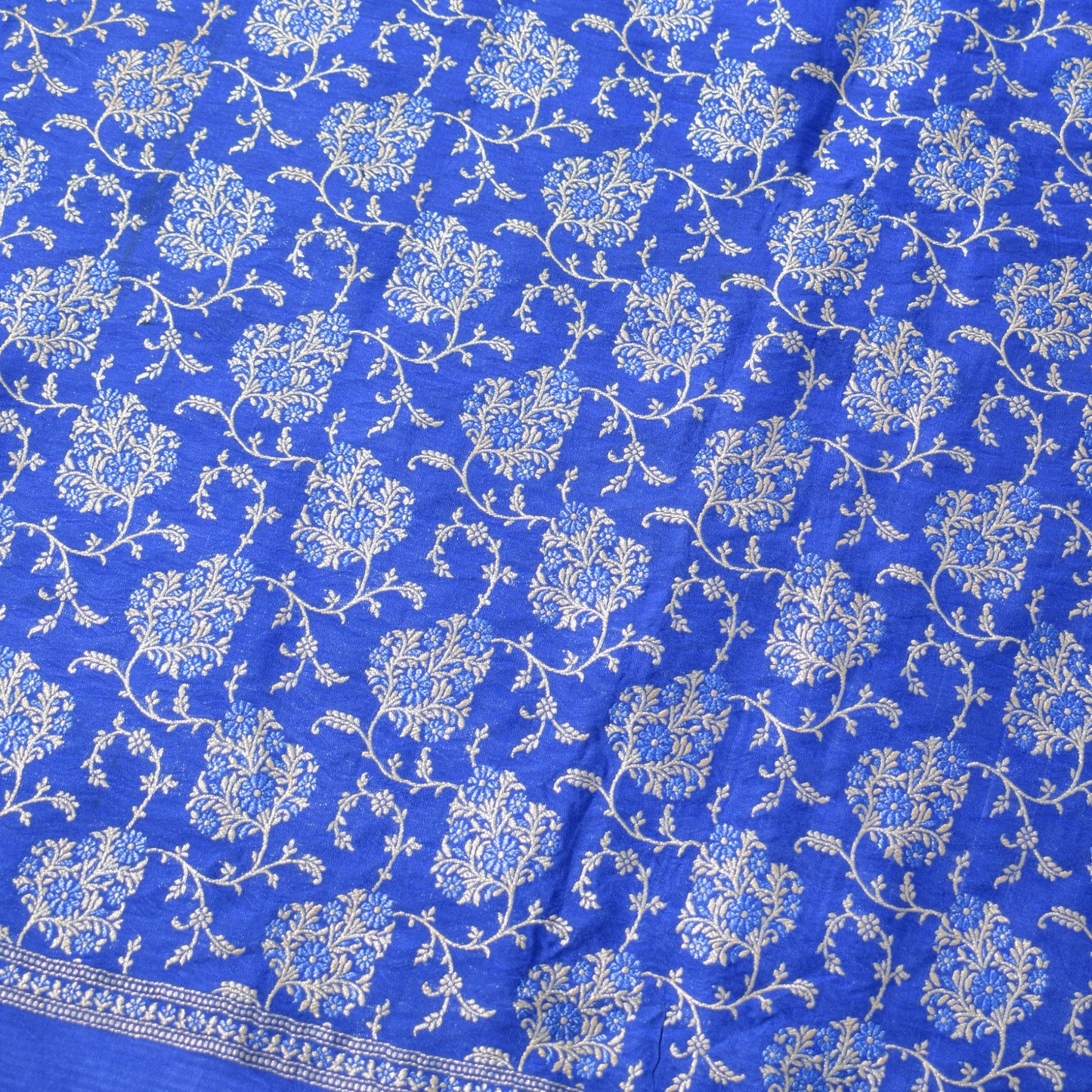 Sushila Vintage Banarasi Brocade Sari Remnant Scrap Blue 228" Silk Craft Fabric