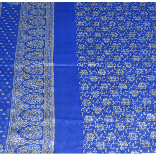 Sushila Vintage Banarasi Brocade Sari Remnant Scrap Blue 228" Silk Craft Fabric