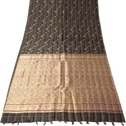 Sushila Vintage Kanjivaram Black Sari Remnant Scrap Pure Silk Woven Craft Fabric