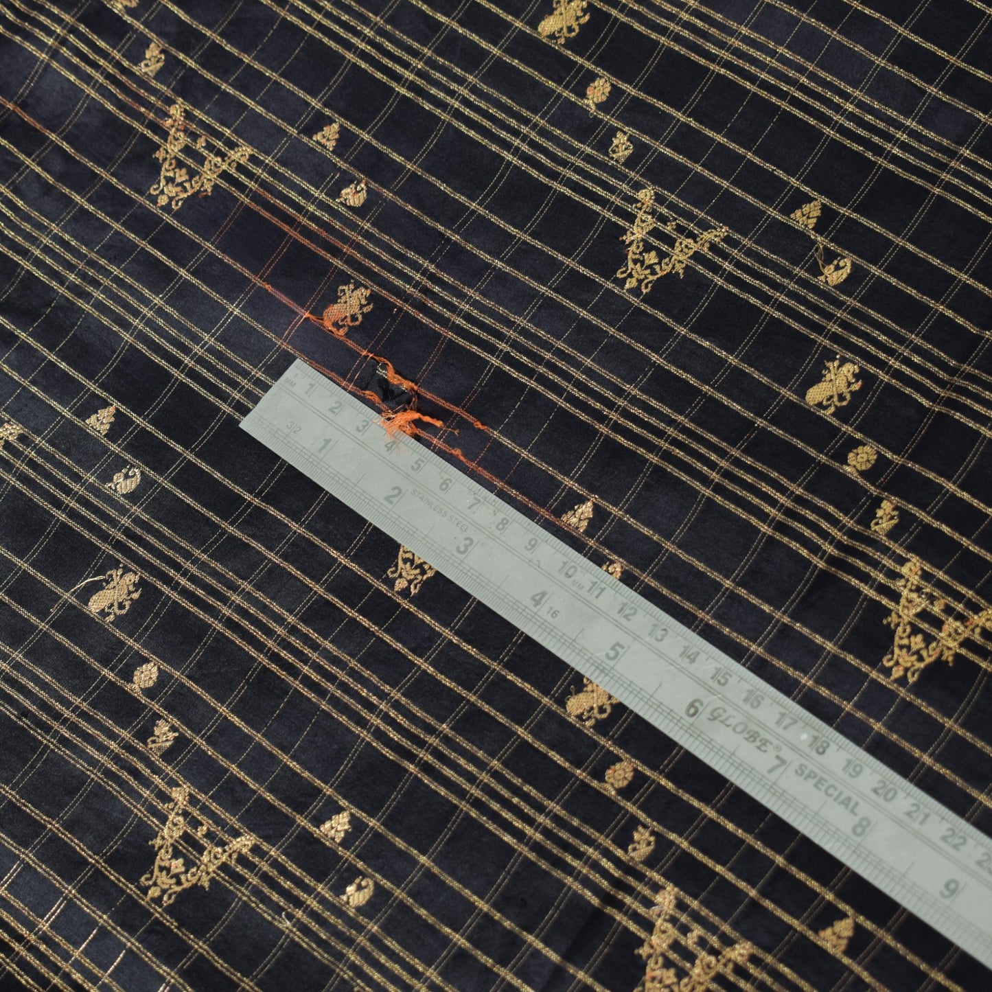 Sushila Vintage Kanjivaram Black Sari Remnant Scrap Pure Silk Woven Craft Fabric