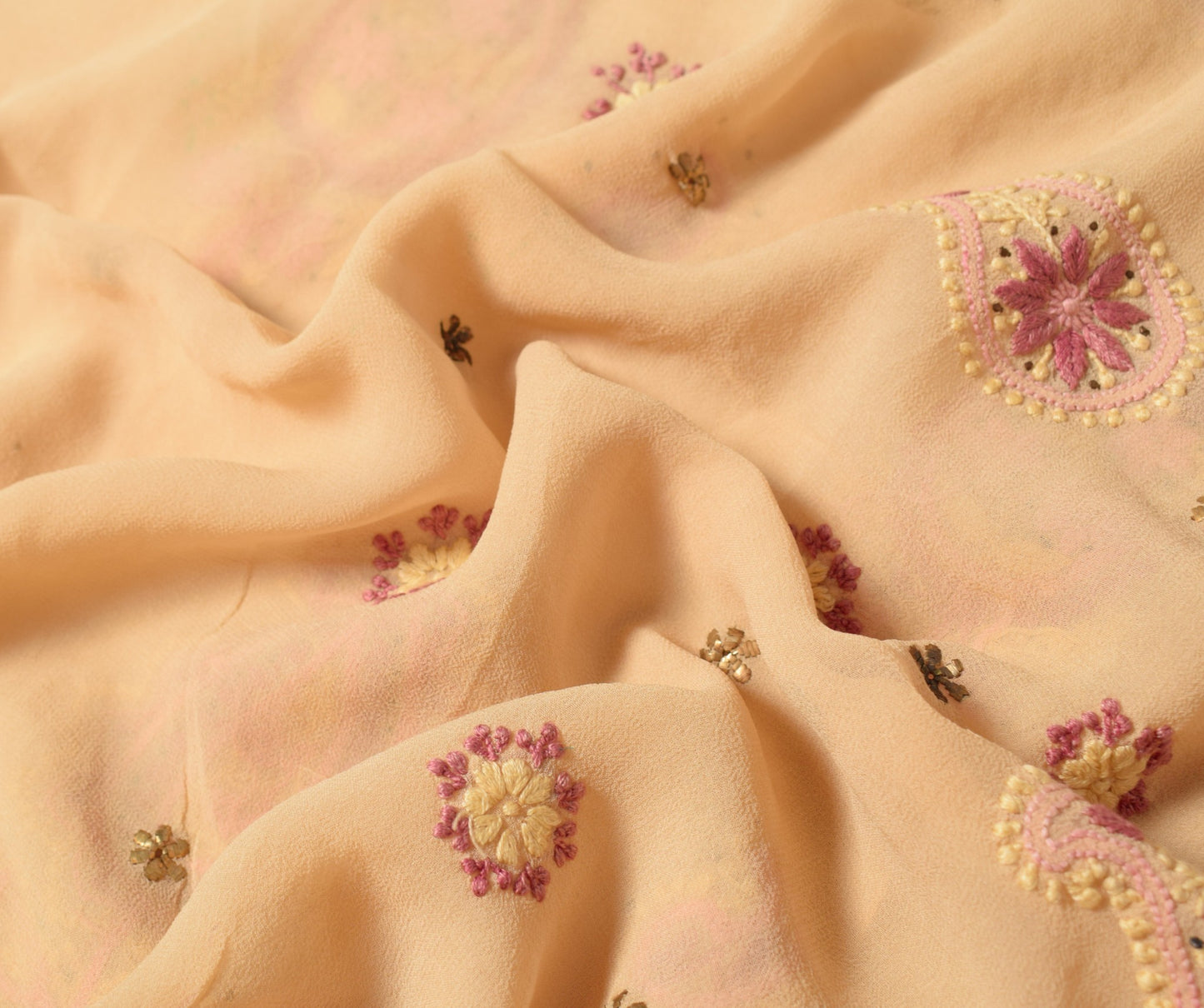 Sushila Vintage Chikankari Sari Remnant Scrap Pure Georgette Cream Craft Fabric