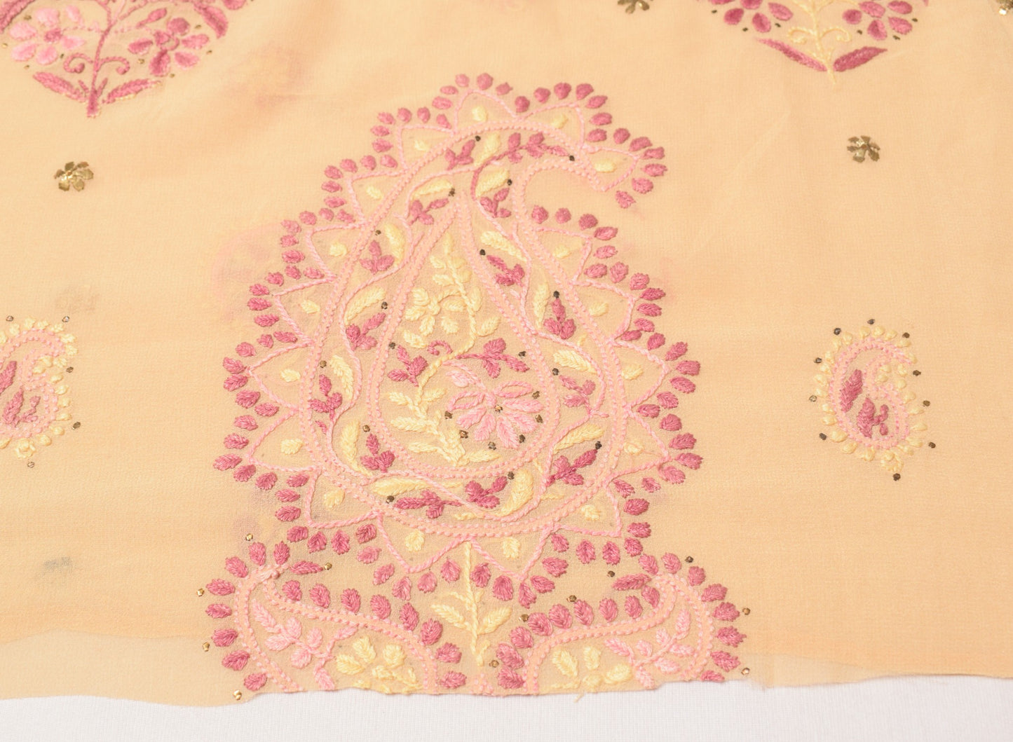 Sushila Vintage Chikankari Sari Remnant Scrap Pure Georgette Cream Craft Fabric
