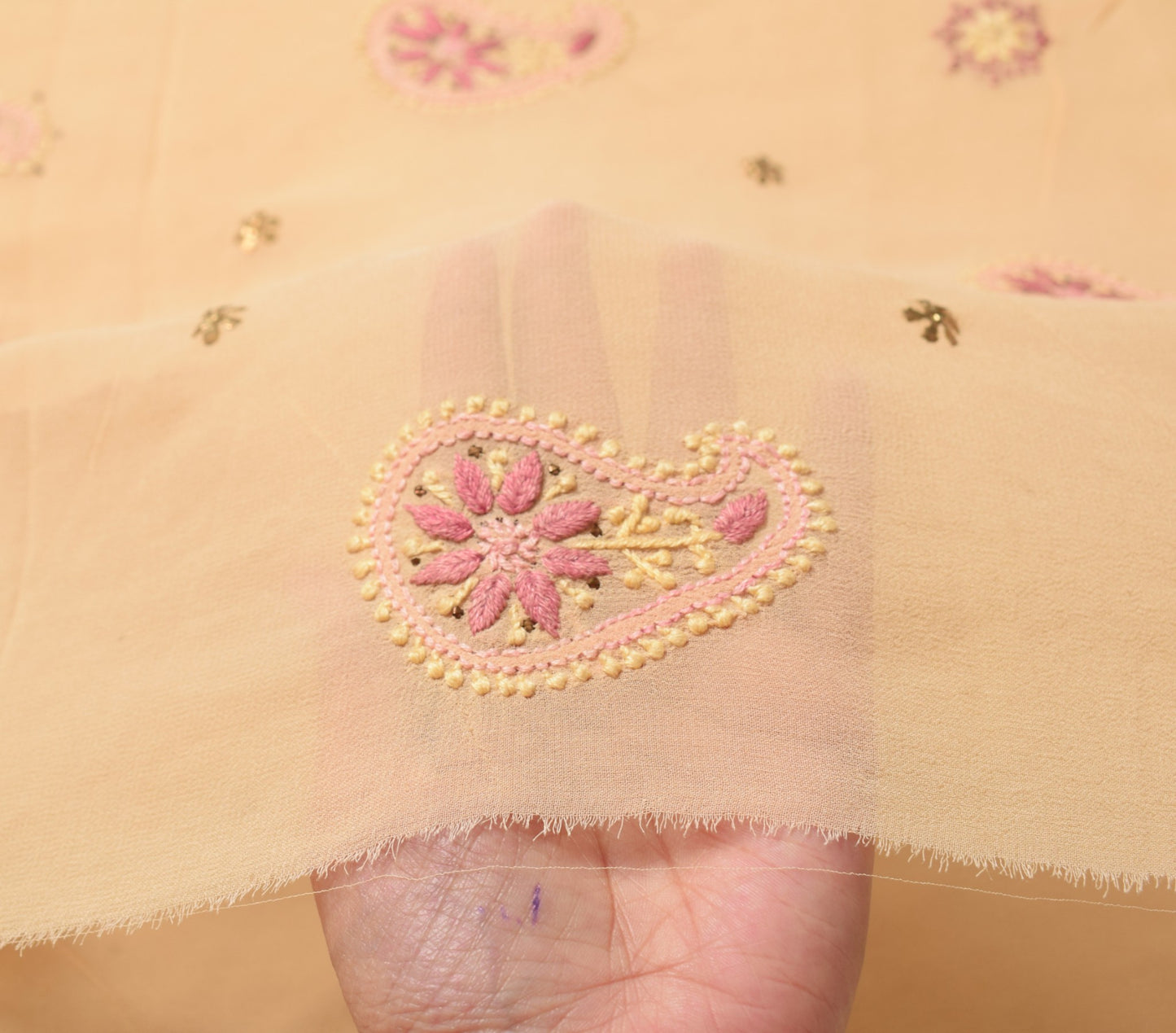 Sushila Vintage Chikankari Sari Remnant Scrap Pure Georgette Cream Craft Fabric