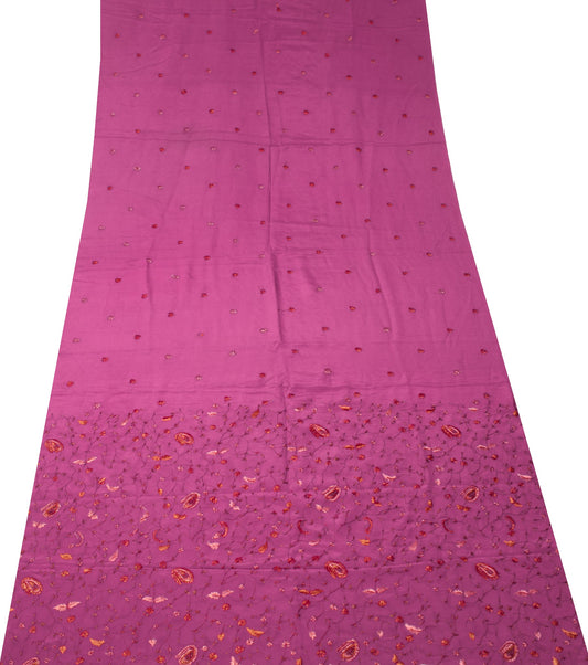 Sushila Vintage Magenta Sari Remnant Scrap Hand Embroidered Crepe Craft Fabric
