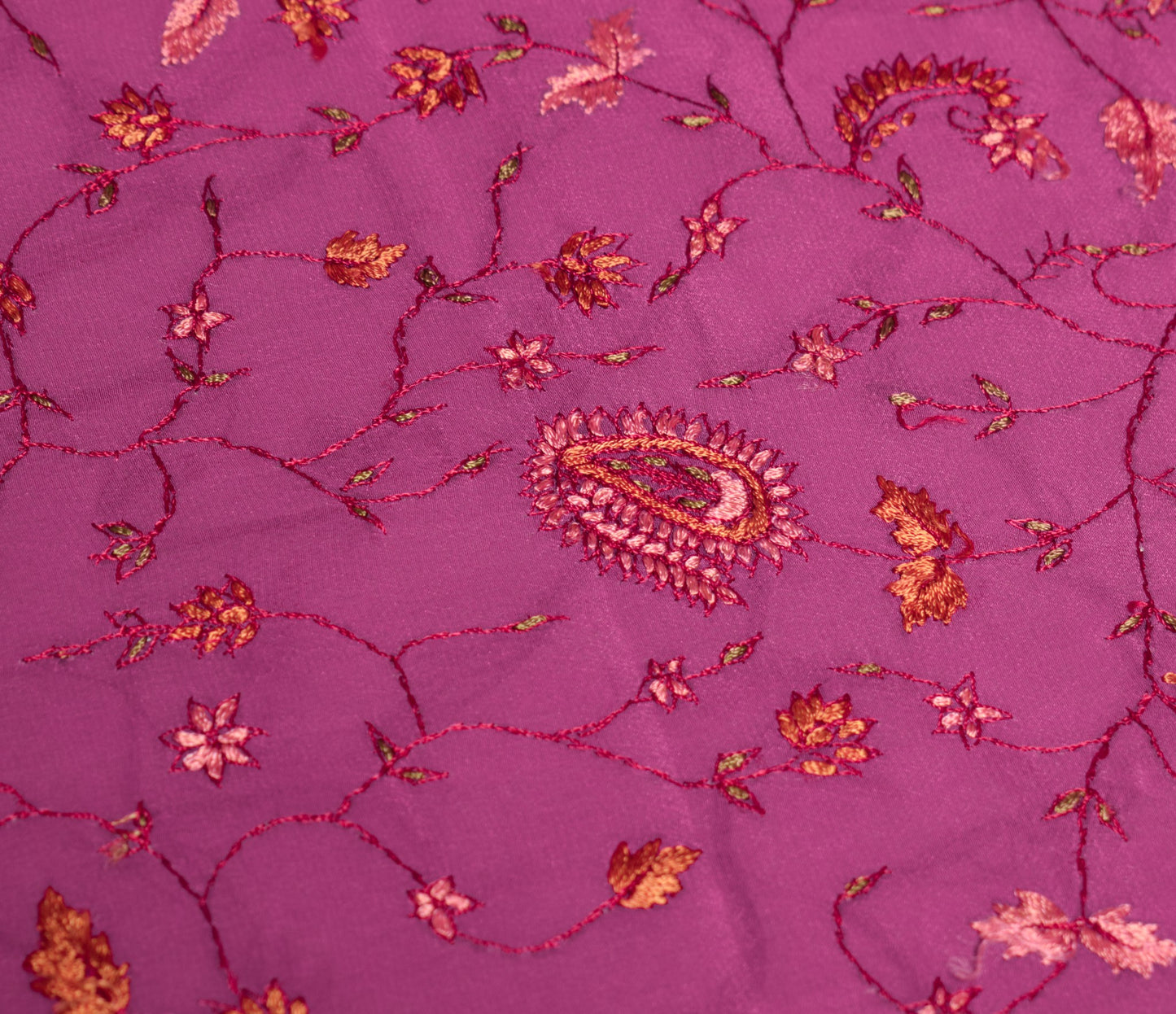 Sushila Vintage Magenta Sari Remnant Scrap Hand Embroidered Crepe Craft Fabric
