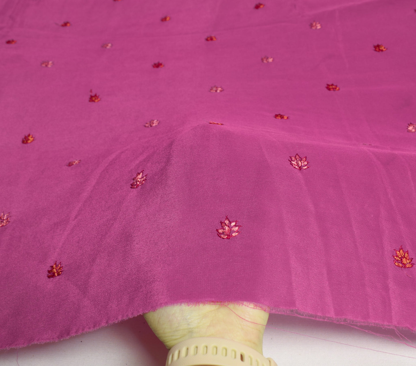 Sushila Vintage Magenta Sari Remnant Scrap Hand Embroidered Crepe Craft Fabric