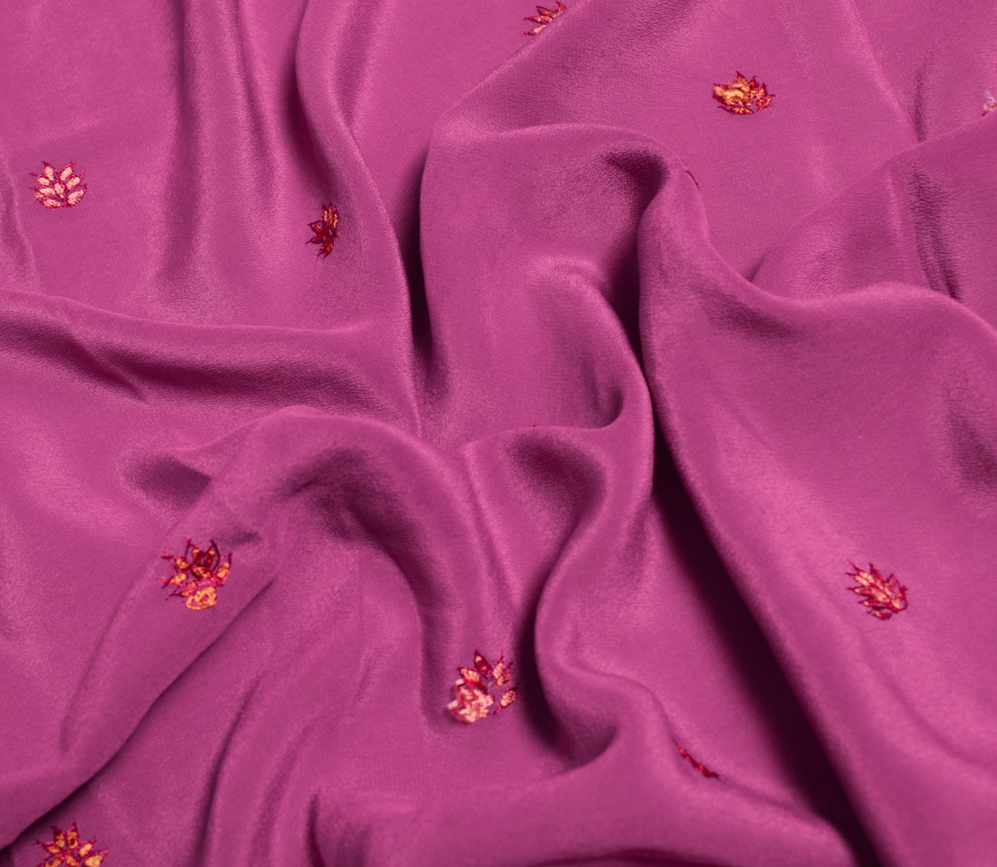 Sushila Vintage Magenta Sari Remnant Scrap Hand Embroidered Crepe Craft Fabric