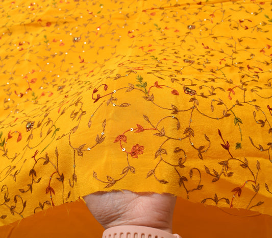 Sushila Vintage Handmade 5 YD Sari Remnant Scrap Pure Crepe Yellow Craft Fabric