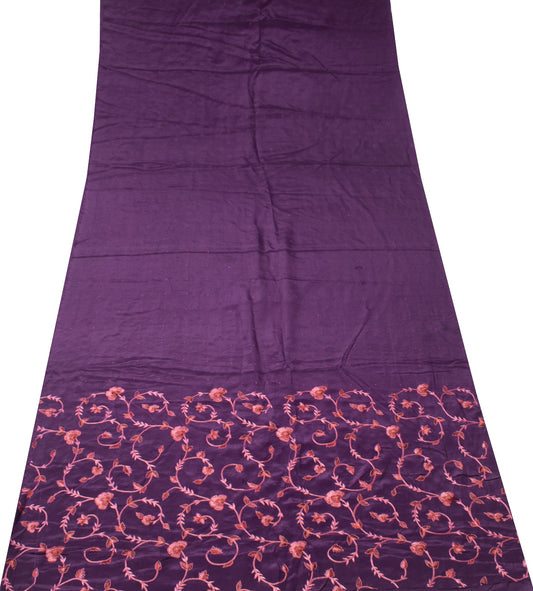 Sushila Vintage Dark Wine Hand Work Sari Remnant Scrap Pure Crepe Craft Fabric