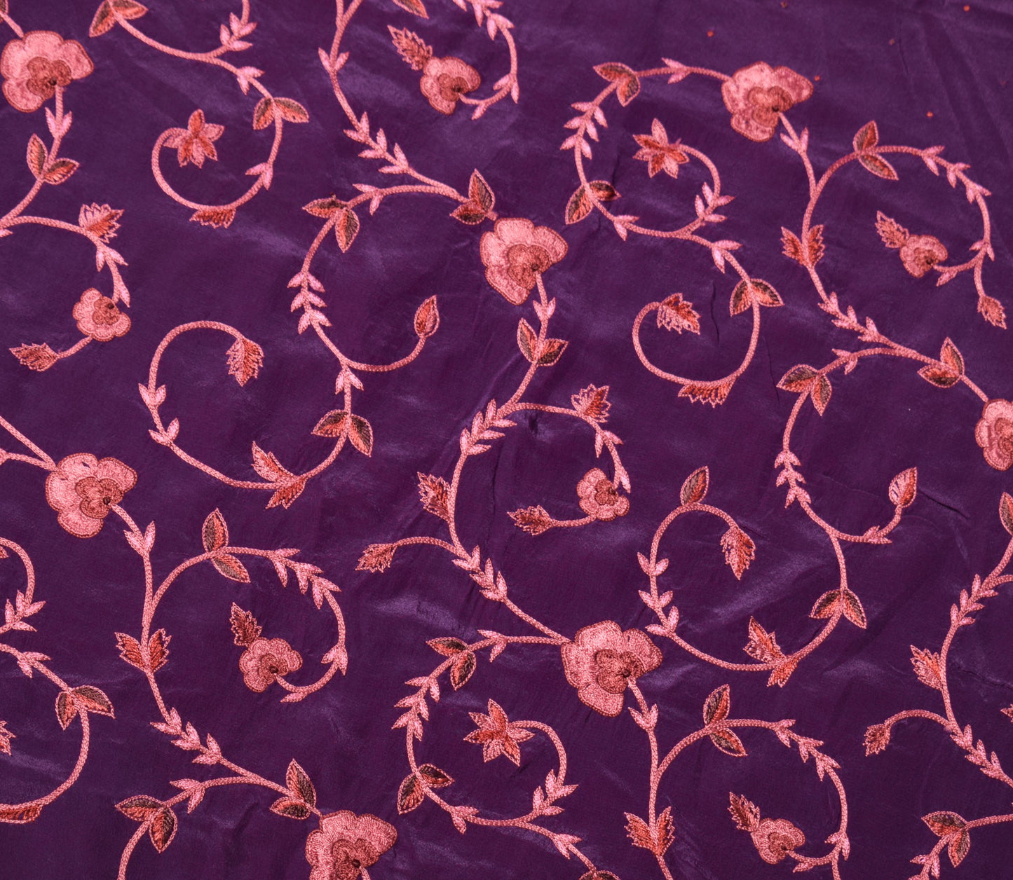 Sushila Vintage Dark Wine Hand Work Sari Remnant Scrap Pure Crepe Craft Fabric