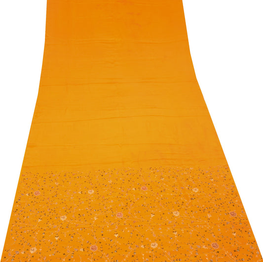 Sushila Vintage Orange Crepe Sari Remnant Scrap Hand Embroidery 5Yd Craft Fabric