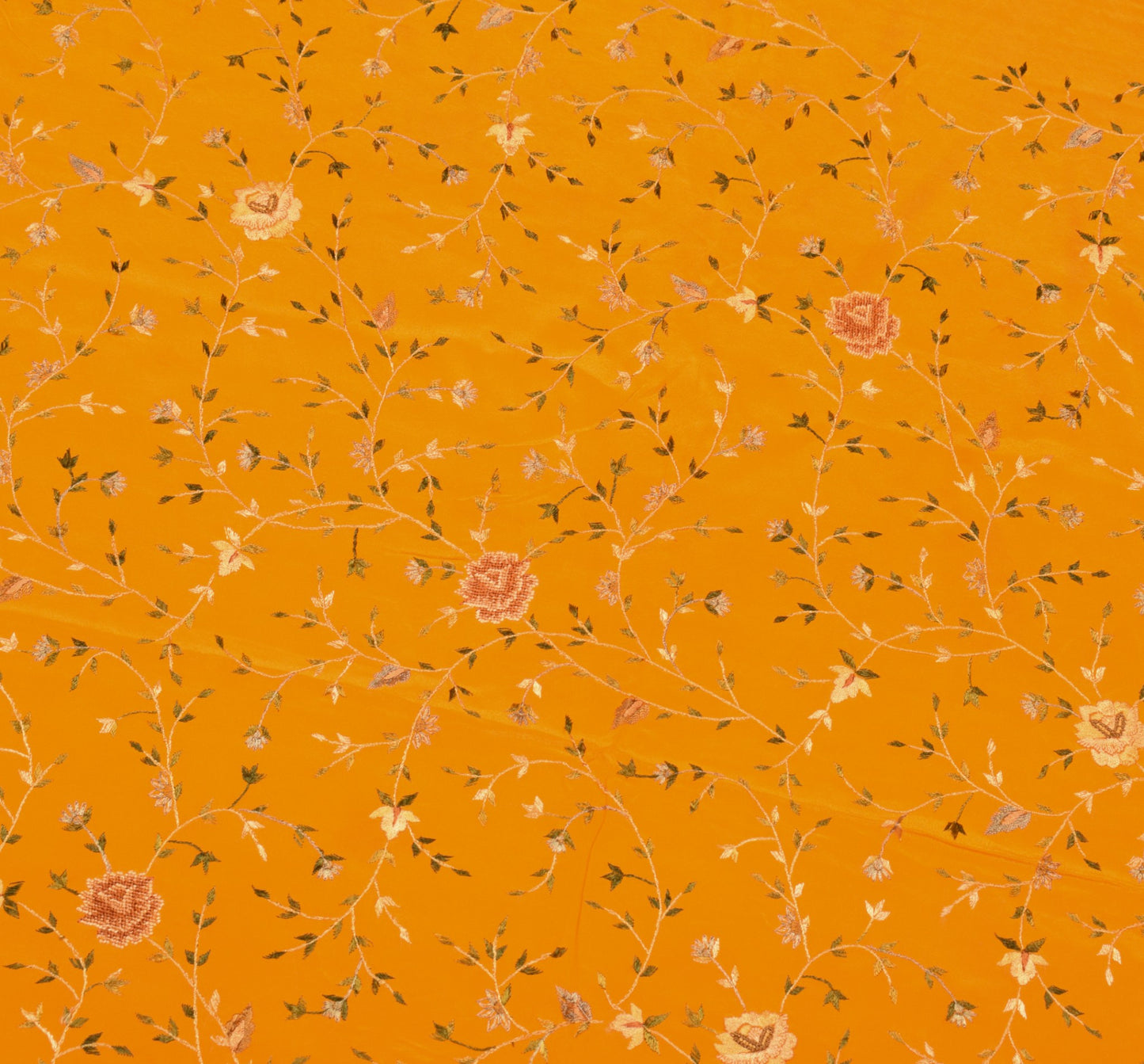 Sushila Vintage Orange Crepe Sari Remnant Scrap Hand Embroidery 5Yd Craft Fabric