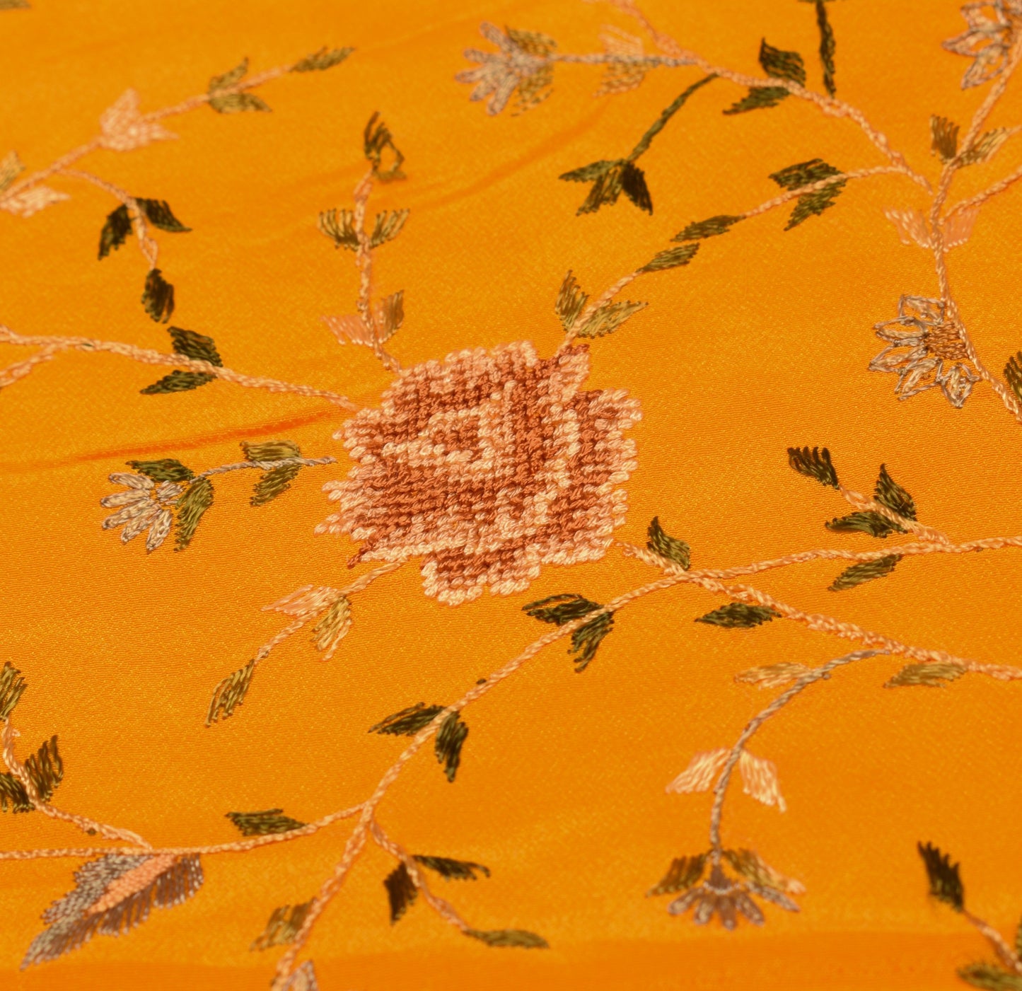 Sushila Vintage Orange Crepe Sari Remnant Scrap Hand Embroidery 5Yd Craft Fabric