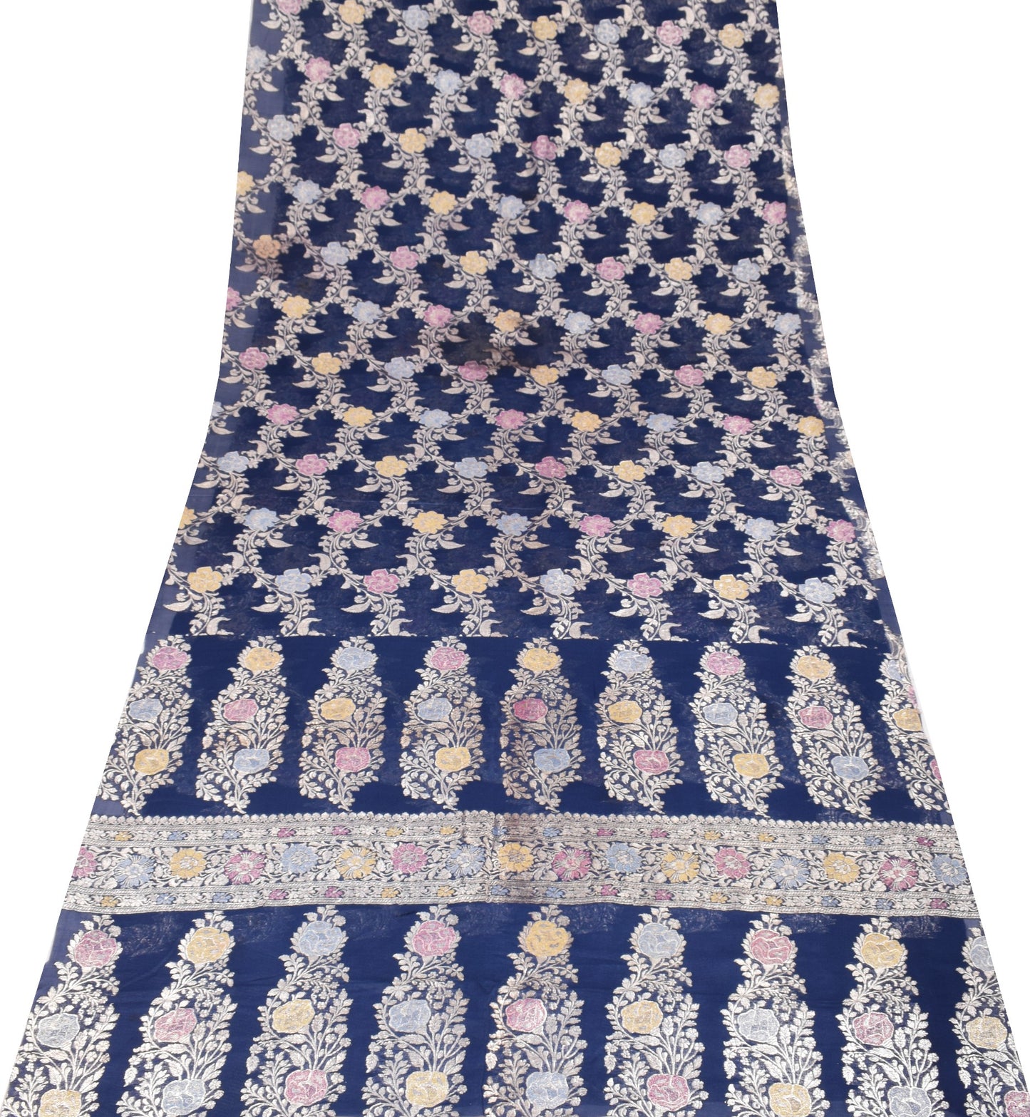 Sushila Vintage Pure Banarasi Georgette Sari Remnant Scrap Blue 200"Craft Fabric