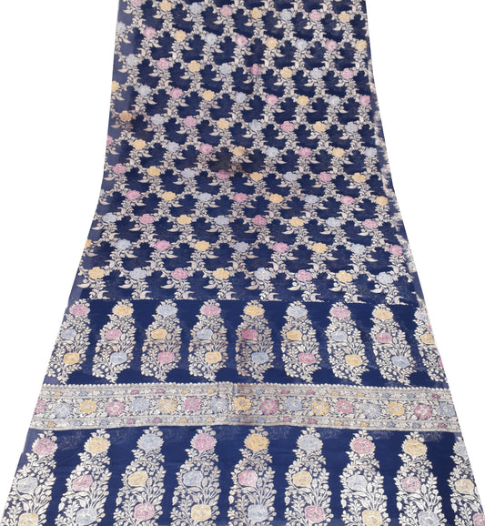 Sushila Vintage Pure Banarasi Georgette Sari Remnant Scrap Blue 200"Craft Fabric