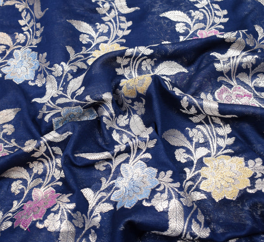 Sushila Vintage Pure Banarasi Georgette Sari Remnant Scrap Blue 200"Craft Fabric