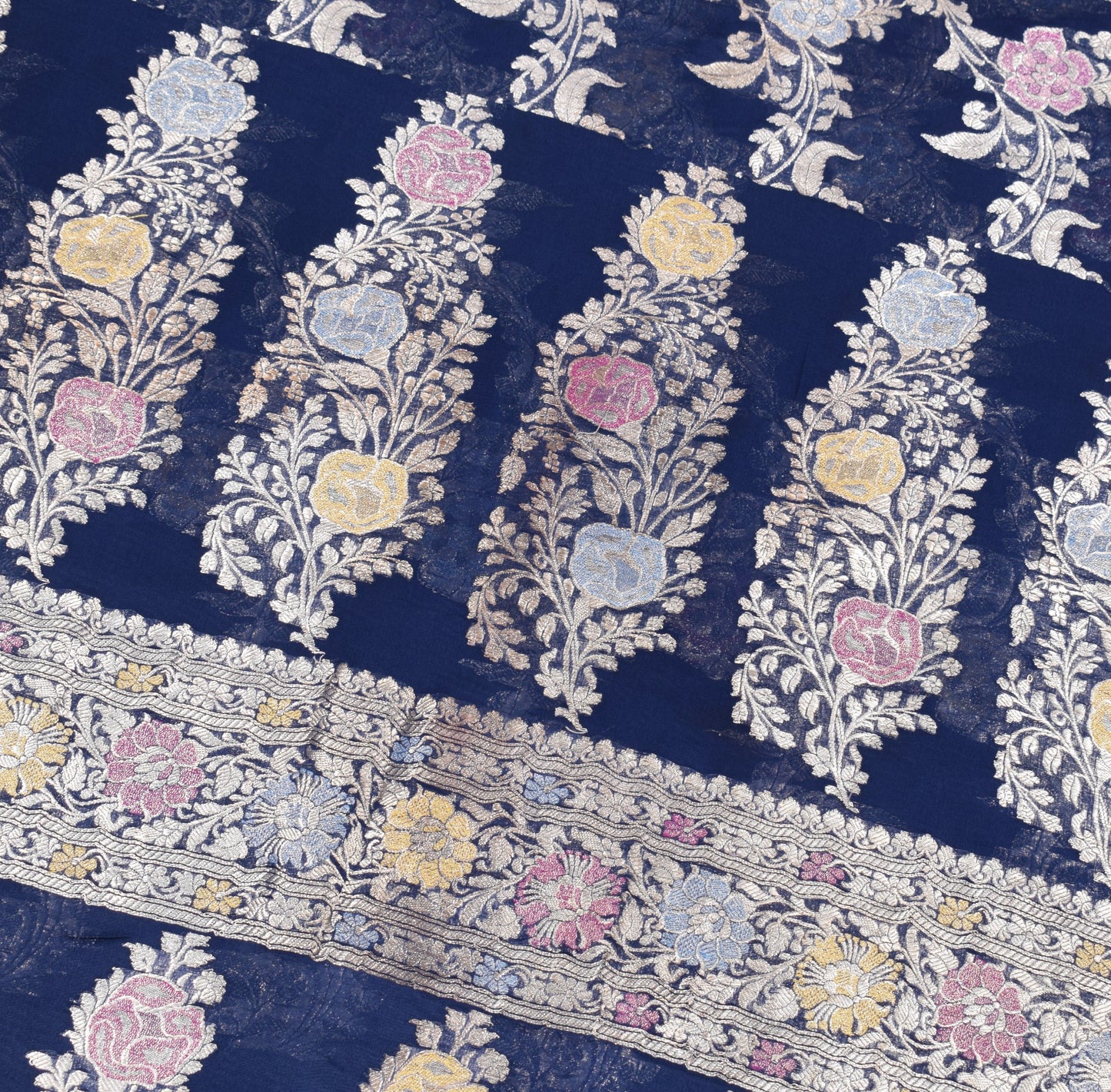 Sushila Vintage Pure Banarasi Georgette Sari Remnant Scrap Blue 200"Craft Fabric