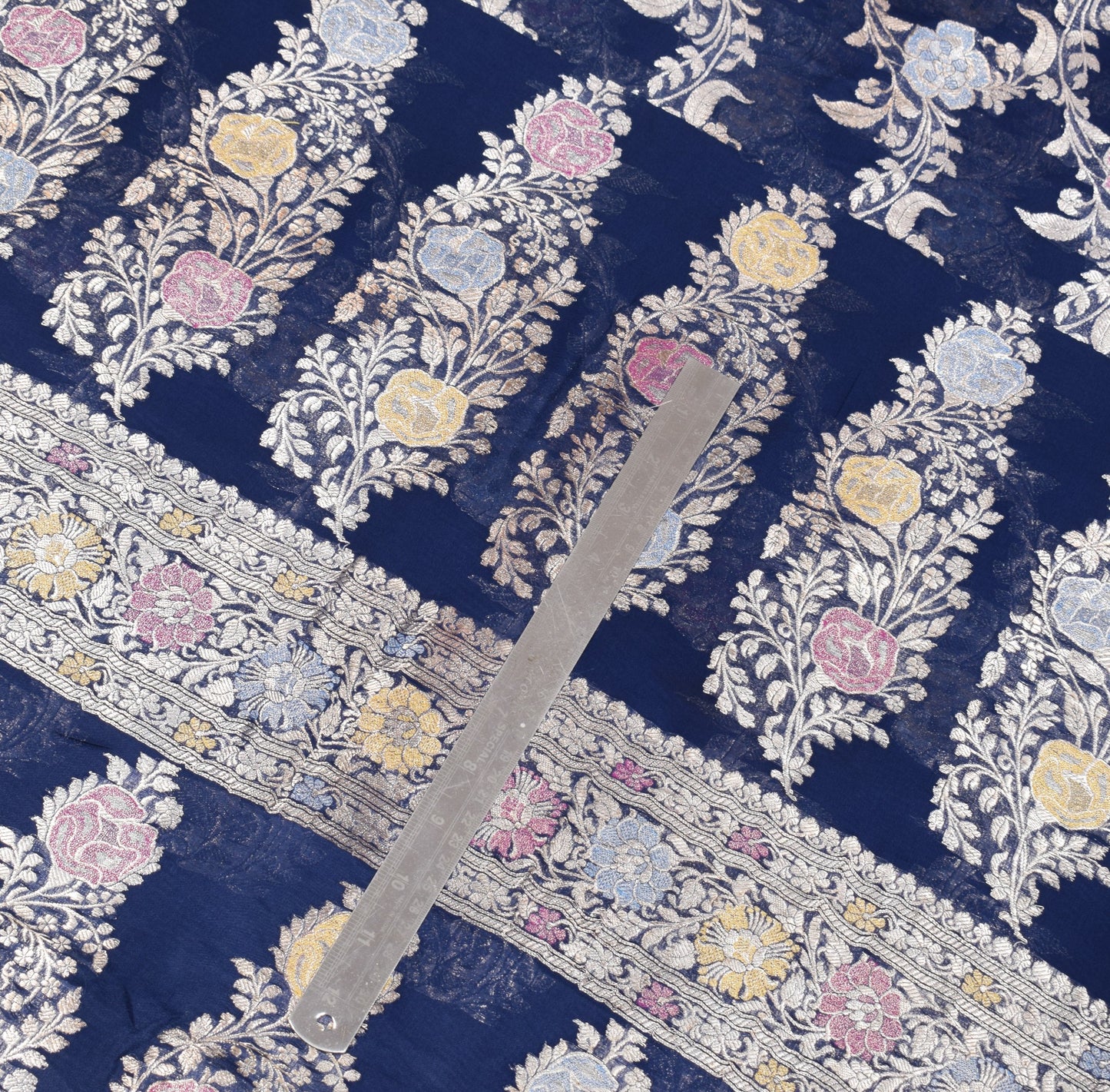 Sushila Vintage Pure Banarasi Georgette Sari Remnant Scrap Blue 200"Craft Fabric