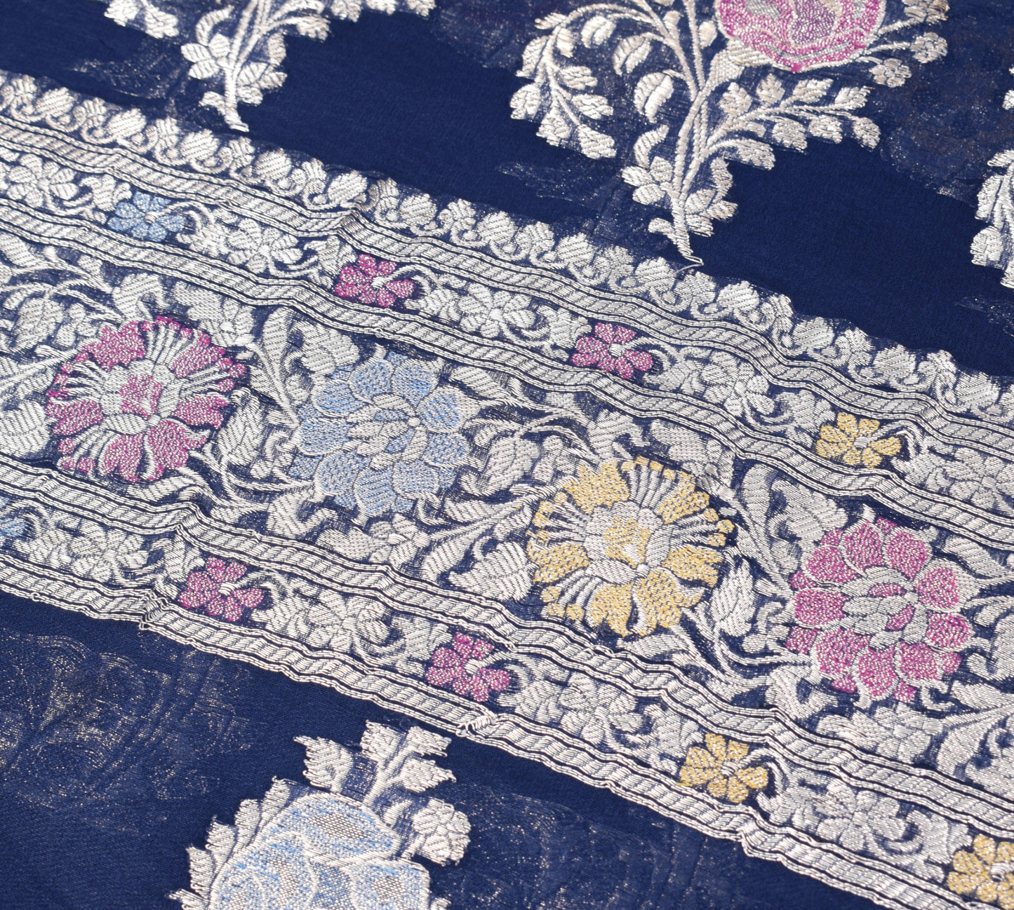 Sushila Vintage Pure Banarasi Georgette Sari Remnant Scrap Blue 200"Craft Fabric