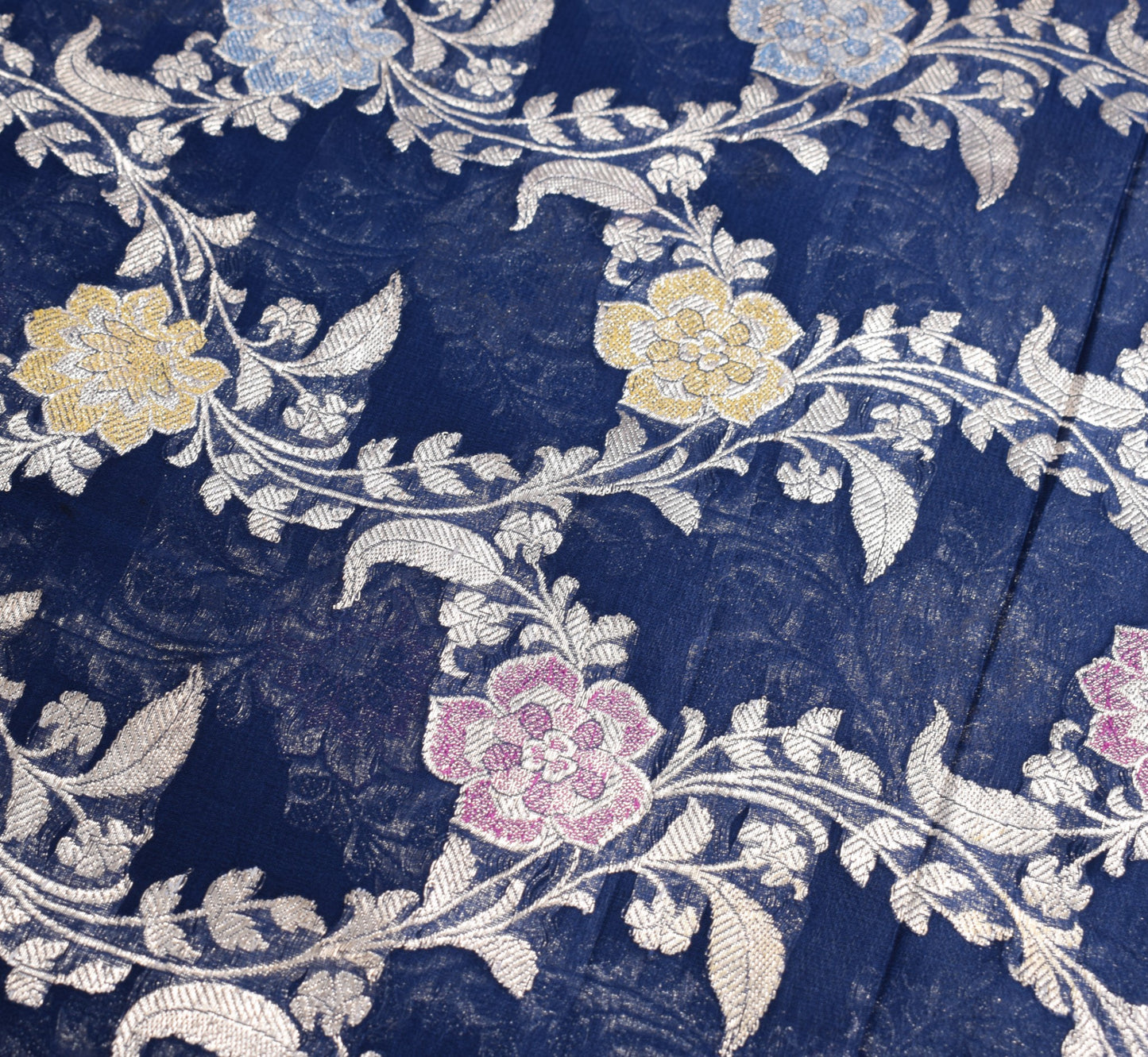 Sushila Vintage Pure Banarasi Georgette Sari Remnant Scrap Blue 200"Craft Fabric