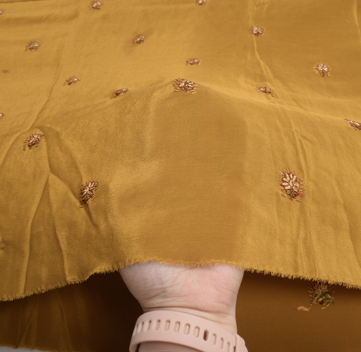 Sushila Vintage Mustard Sari Remnant Scrap Handwork 5YD Pure Crepe Craft Fabric