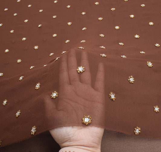 Sushila Vintage Brown Sari Remnant Scrap Hand Beaded Georgette 5YD Craft Fabric
