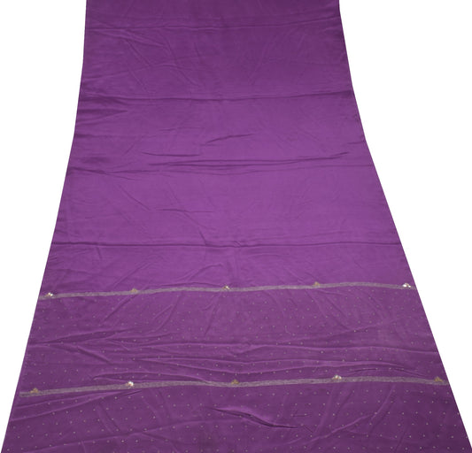 Sushila Vintage Purple Sari 200"Remnant Scrap Embroidery Pure Crepe Craft Fabric