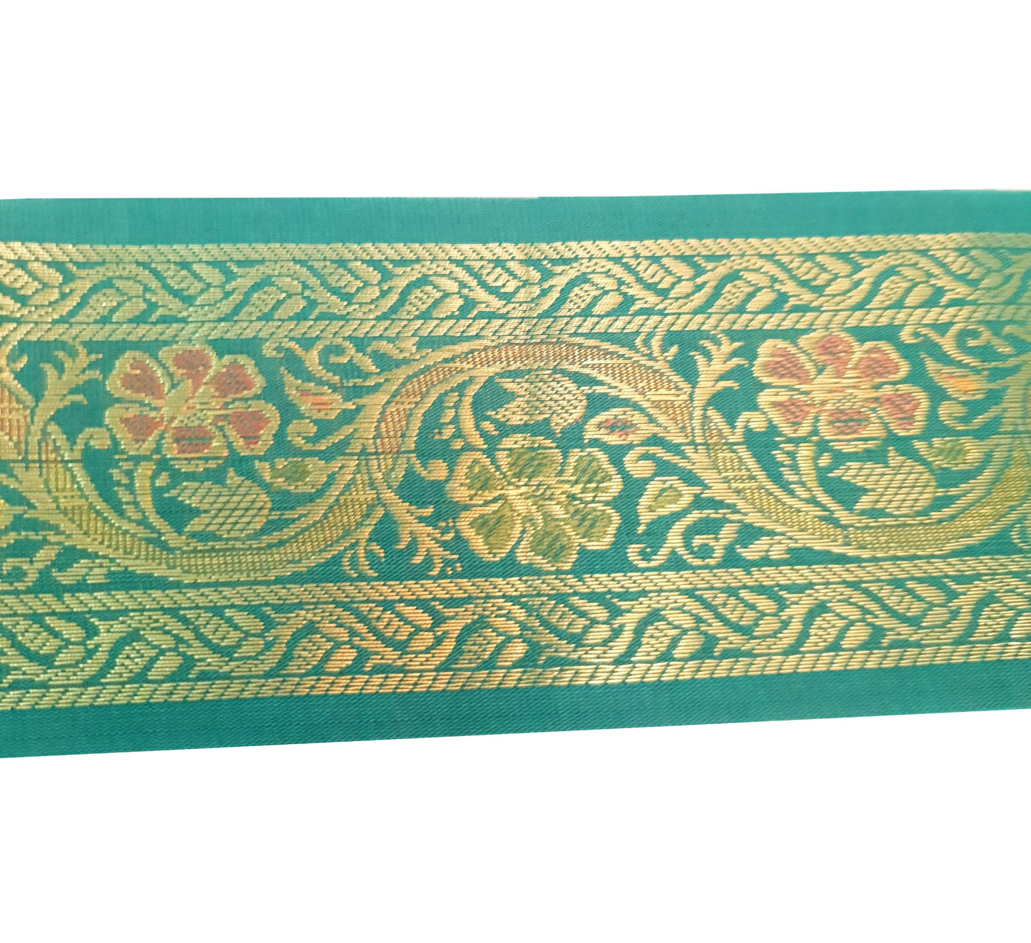 Sushila Vintage Zari Brocade Sari Border Floral Swing Trim 3 Yds Teal Green Lace
