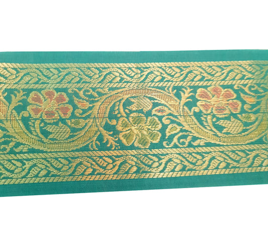 Sushila Vintage Zari Brocade Sari Border Floral Swing Trim 3 Yds Teal Green Lace