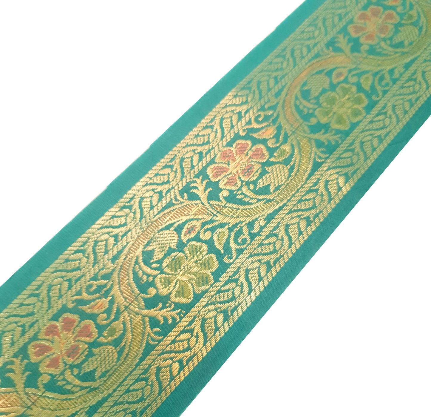 Sushila Vintage Zari Brocade Sari Border Floral Swing Trim 3 Yds Teal Green Lace
