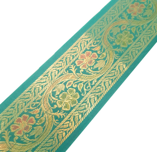 Sushila Vintage Zari Brocade Sari Border Floral Swing Trim 3 Yds Teal Green Lace