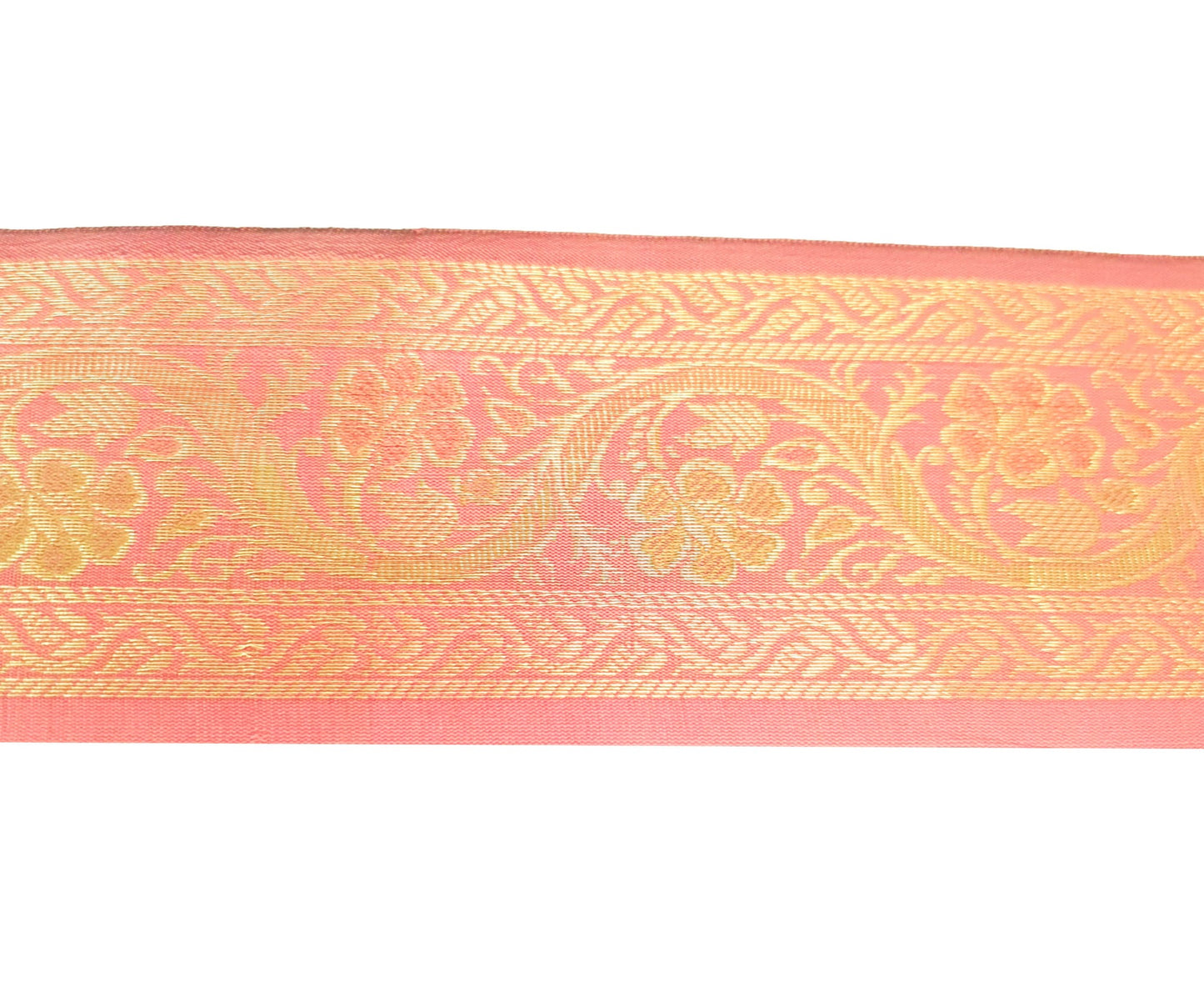 Sushila Vintage Peach Pink Zari Brocade Sari Border Floral Swing Trim 3 Yds Lace
