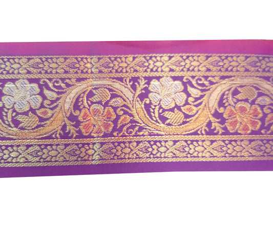 Sushila Vintage Purple Zari Brocade Sari Border Floral Swing Trim 3 Yard Lace