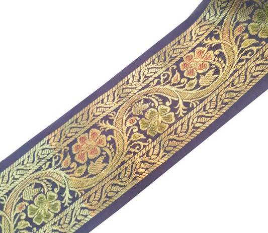 Sushila Vintage Brocade Dark Blue Sari Border Floral Swing Trim 3 Yds Decor Lace