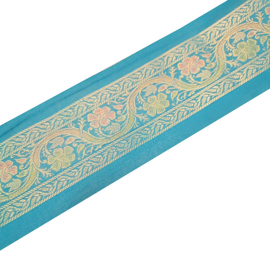 Sushila Vintage Brocade Sari Border Floral Teal Blue Swing Trim 3 Yds Decor Lace