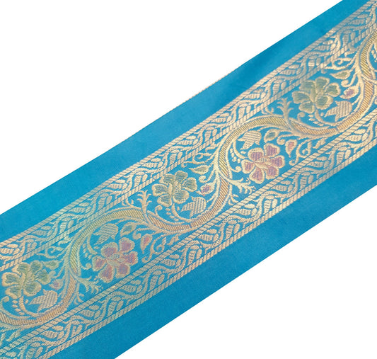 Sushila Vintage Sari Border Floral Turquoise Blue Brocade Swing Trim 3 Yard Lace