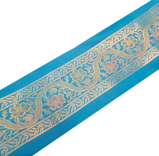 Sushila Vintage Sari Border Floral Turquoise Blue Brocade Swing Trim 3 Yard Lace