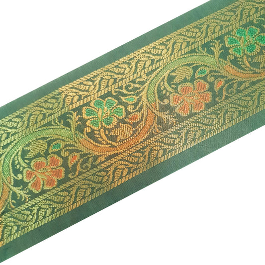 Sushila Vintage Sari Border Bottle Green Floral Brocade Swing Trim 3 Yard Lace